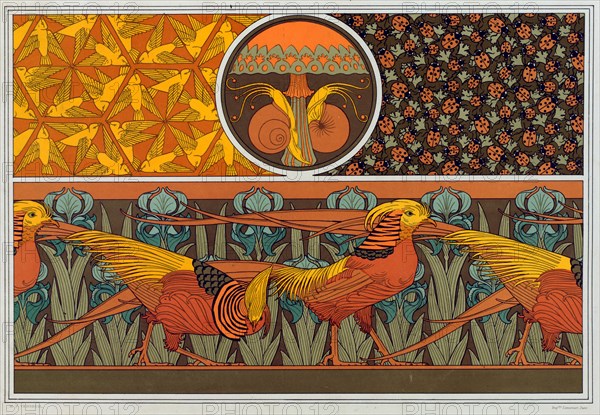 Designs for wallpaper border and fabric: "Birds"; Ladybirds and Maiden Hair Fern", pub. 1897. Creator: Maurice Pillard Verneuil (1869?1942).