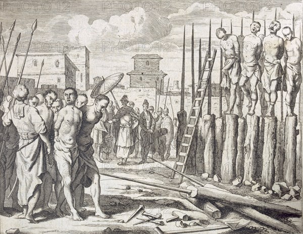 The Impaling of Some rebells?', Punishment: Massacre by impalement, pub. 1672. Creator: Philip Baldaeus (1632-1672).