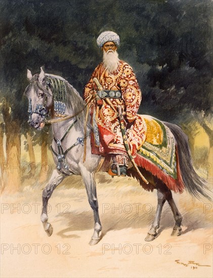 An armed warrior mounted on a Turkoman horse in traditional dress, pub. 1912. Creator: German School (20th Century).