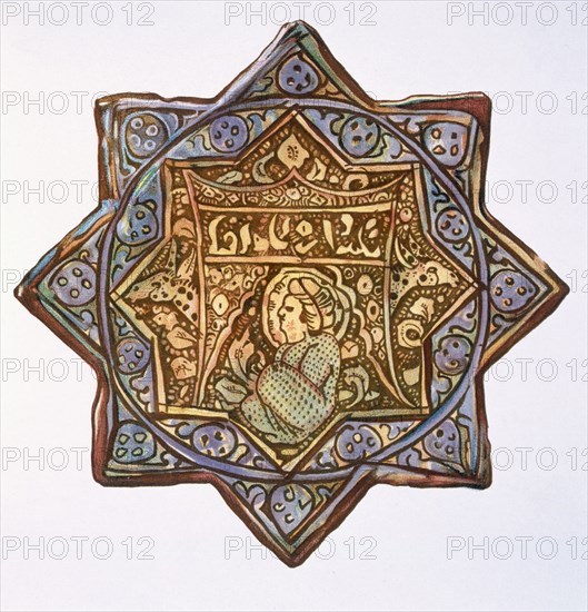 Persian Lustreware wall-tile: concentric 8-pointed star design, pub. 1891. Creator: Henry Wallis (1830-1916).