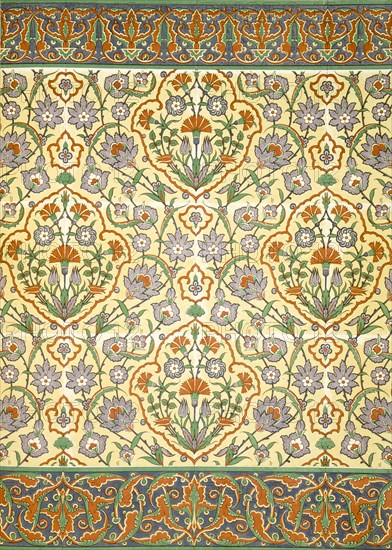 Faience mural with border using highly stylised repeating patterns of vegetal and floral forms, pub. Creator: Emile Prisse d'Avennes (1807-79).