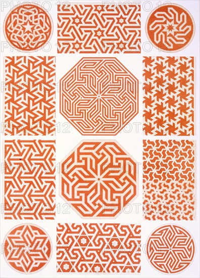 Studies of stucco decoration: various geometric patterns, pub. 1877. Creator: Emile Prisse d'Avennes (1807-79).