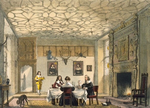 Medieval family supper, Wakehurst Place, Surrey, c1600. Creator: Joseph Nash (1809-78).