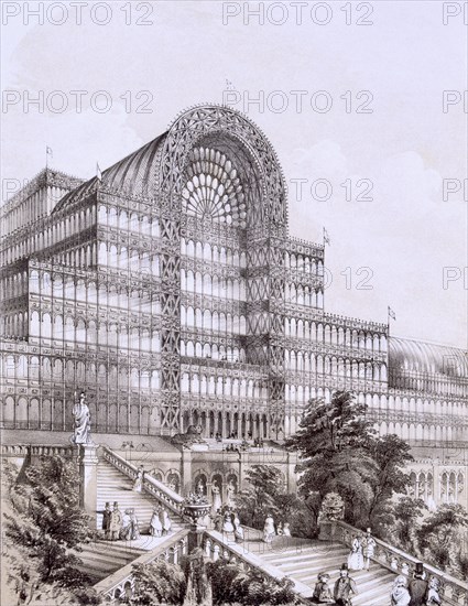 Crystal Palace at Sydenham, the front of the Great Transept, c1854. Creator: Thomas Hosmer Shepherd (1792-1864).