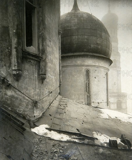 The Cathedral of the Dormition in the Moscow Kremlin after shelling in November 1917. Artist: Pyotr Petrovich Pavlov