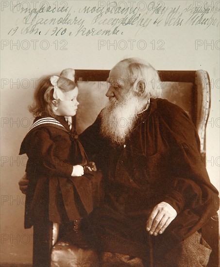 Russian author Leo Tolstoy with his granddaughter Tatiana, Yasnaya Polyana, Russia, c1910.  Artist: Vladimir Grigorievich Chertkov
