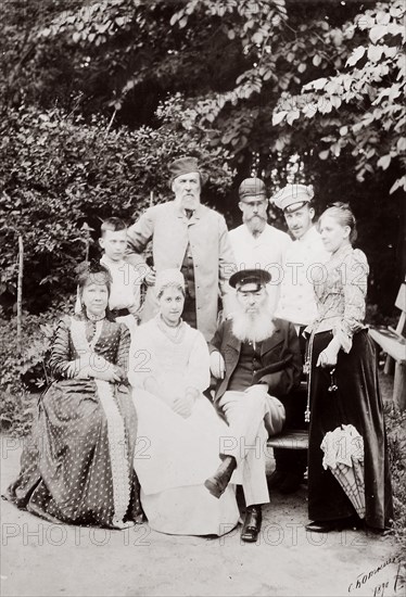 Russian poet Yakov Polonsky and his family visiting the poet Afanasy Fet, c1890.  Artist: Sergei Dmitrievich Botkin