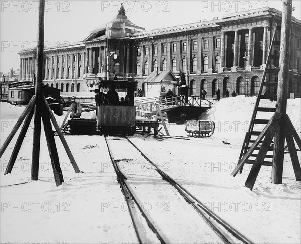 Suburban train station in fornt of the Academy of Arts, St Petersburg, Russia, c1896-c1898. Artist: Unknown