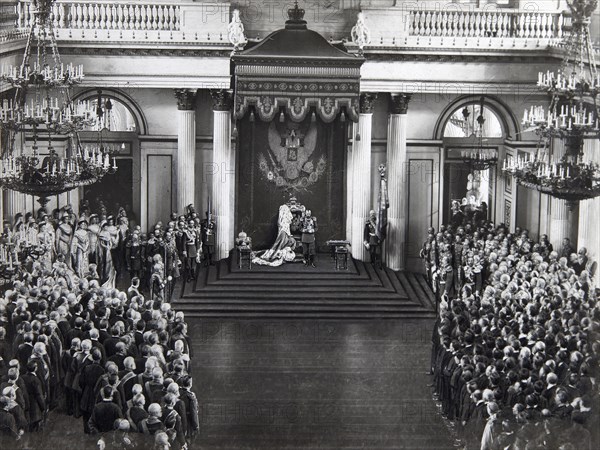 Tsar Nicholas II speaking at the opening of the first Duma, St Petersburg, Russia, 27 April 1906. Artist: Unknown