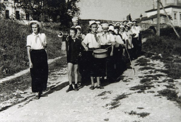 A Pioneers unit at All-Union Young Pioneer Camp Artek, Gurzuf, Crimea, USSR, 1930s(?). Artist: Unknown