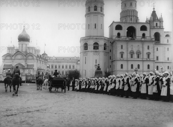 Tsar Nicholas II reviewing the parade of the pupils of Moscow in the Kremlin, Russia, 1912. Artist: K von Hahn