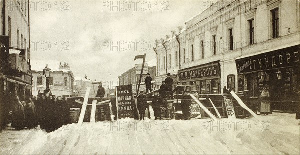 Revolutionary barricades on Seleznevskaya Street, Moscow, Russia, during the uprising in 1905. Artist: Unknown