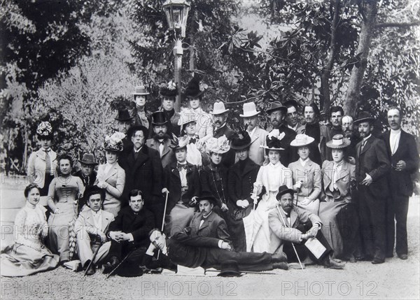 Author Maxim Gorky and Anton Chekhov between the actors of the Moscow Art Theatre, 1900. Artist: Unknown