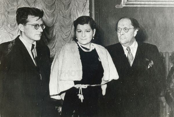 Russian composer Dmitri Shostakovich, singer Maria Maksakova and writer Aleksey Tolstoy, 1943. Artist: Unknown