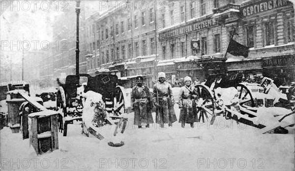 Revolutionary barricades on Liteyny Prospekt, Petrograd, Russia, 27 February 1917. Artist: Anon