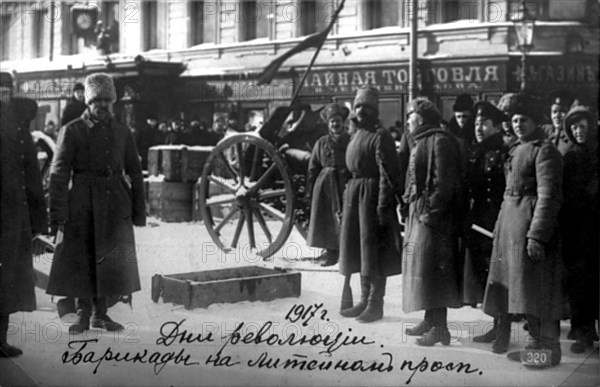 Revolutionary barricades on Liteyny Prospekt, Petrograd, Russia, 27 February 1917. Artist: Anon