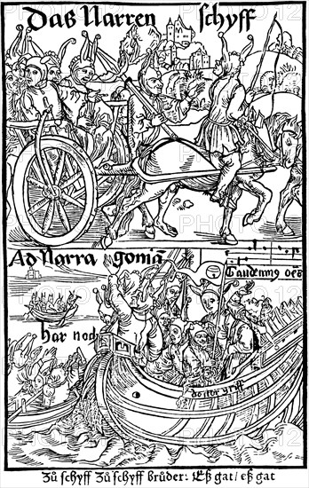 Title page of an edition of Ship of Fools, by Sebastian Brant, 1494.  Artist: Albrecht Dürer