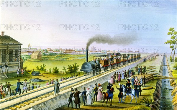 Opening of the first railway line from St Petersburg to Pavlovsk, Russia, 1830s.  Artist: Russian Master