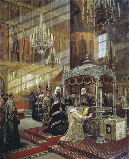 Tsar Alexis and Patriarch Nikon at the coffin of Metropolitan Philip of Moscow, 17th century (1886). Artist: Alexander Litovchenko