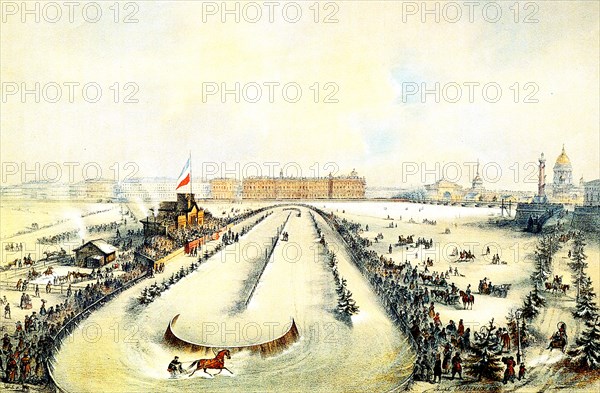 Horse racing on the frozen Neva River in St Petersburg, Russia, 1859.  Artist: Iosif Adolfovich Charlemagne