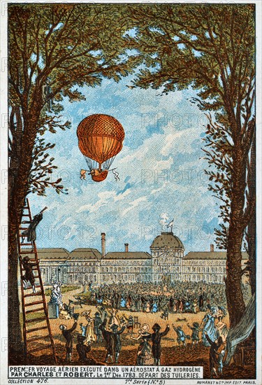 First aerial voyage by Charles and Robert, Paris, France, 1783 (1890s).  Artist: Anon