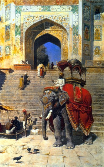 'Royal Elephant at the Gateway to the Jami Masjid, Mathura', 19th or early 20th century.  Artist: Edwin Lord Weeks