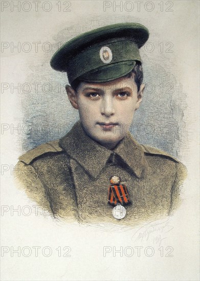 Tsarevich Alexei as a lance-corporal of the Russian Army, 1917. Artist: Anon