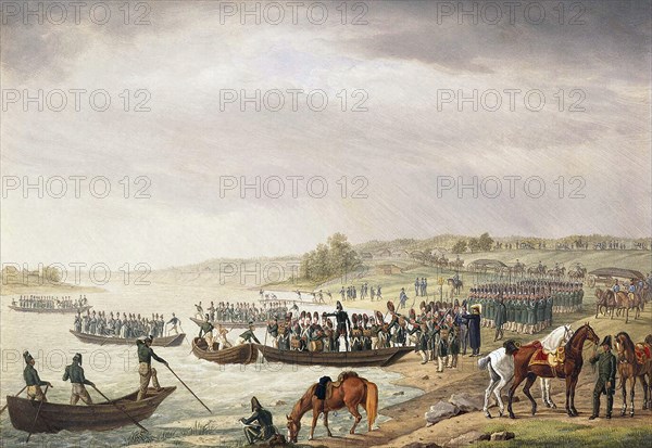 Italian Corps of Eugene de Beauharnais Crossing the Niemen on 30 June 1812, (1815).  Artist: Albrecht Adam