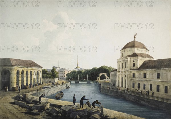View of the Moika River by the Imperial stables, St Petersburg, Russia, 1809. Artist: Andrej Martynoff