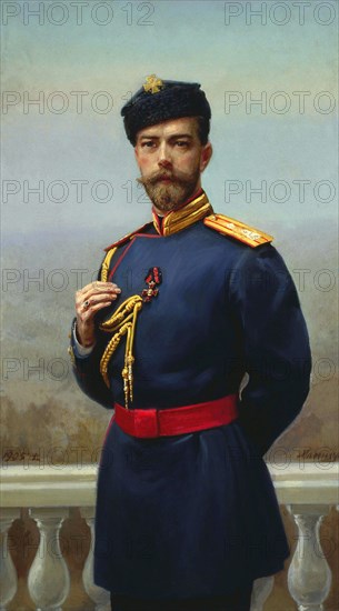 Tsar Nicholas II of Russia with the Cross of Saint Vladimir, 1905. Artist: Genrich Maniser