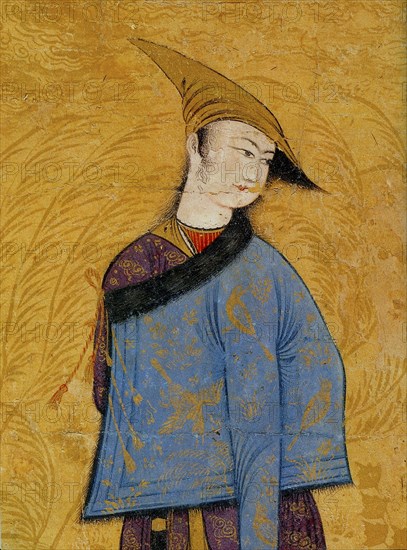 Youth wearing a short fur-lined coat over his shoulder, 1640s.  Artist: Muhammad Yusuf