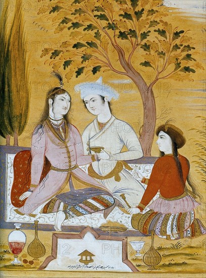 Amorous couple and a servant, 1696. Artist: Mu'in Musavvir