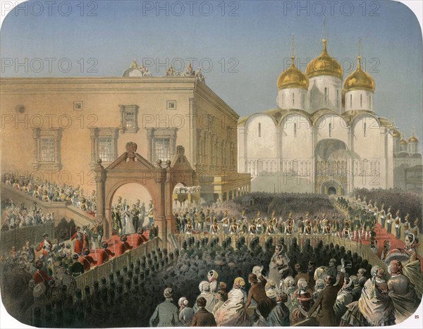 Procession of of Tsarina Alexandra Feodorovna to the Cathedral of the Dormition, Moscow, 1856. Artist: Mihály Zichy