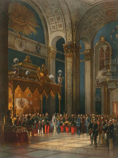 Homage of Cossack officers in the Throne Hall, coronation of Tsar Alexander II, Moscow, 1856.  Artist: Georg Wilhelm Timm