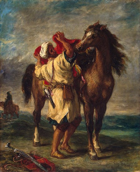 'A Moroccan Saddling his Horse', 1855.  Artist: Eugène Delacroix