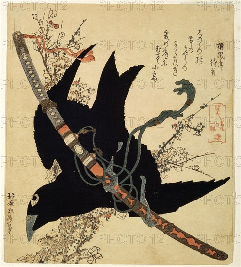 'The little raven. Minamoto clan sword', c1823.  Artist: Hokusai