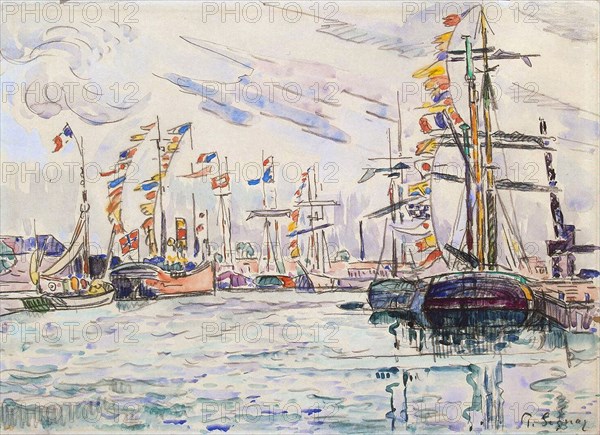 'Sailboats with Holiday Flags at a Pier in Saint-Malo', 1920s.  Artist: Paul Signac