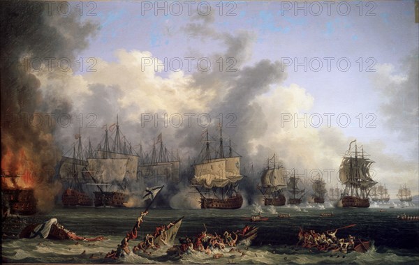 'The Sinking of the Russian Battleship St. Evstafius in the naval Battle of Chesma', 1771.  Artist: Jacob Philip Hackert