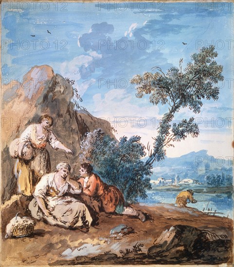 'Three peasants resting on a river bank', c1750. Artist: Giuseppe Zais