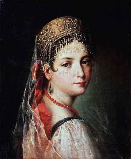 'Portrait of a Young woman in Sarafan and Kokoshnik', 1820s.  Artist: Mauro Gandolfi