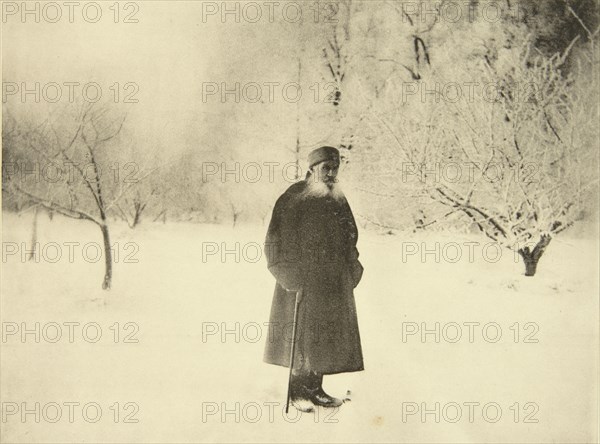 Russian author Leo Tolstoy taking a winter walk, 1900s. Artist: Sophia Tolstaya