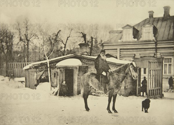 Russian author Leo Tolstoy on horseback, Moscow, Russia, 1900s. Artist: Sophia Tolstaya