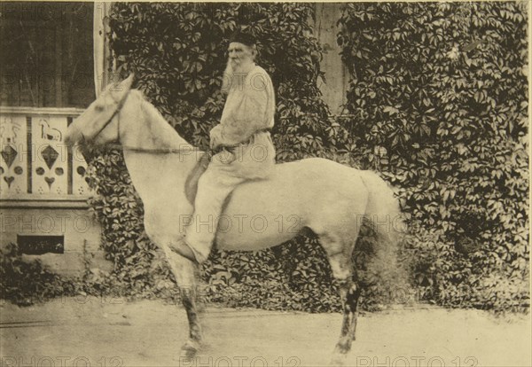 Russian author Leo Tolstoy on horseback, Moscow, Russia, 1890s. Artist: Sophia Tolstaya