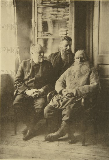 Russian author Leo Tolstoy with politician Mikhail Stakhovich and Mikhail Sukhotin, Russia, 1900s. Artist: Sophia Tolstaya