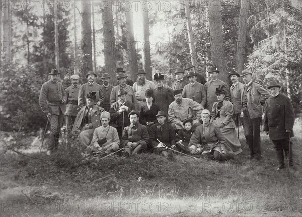 Tsar Alexander III with family and friends on a hunt in the Bialowieza Forest, Russia, 1894. Artist: Unknown