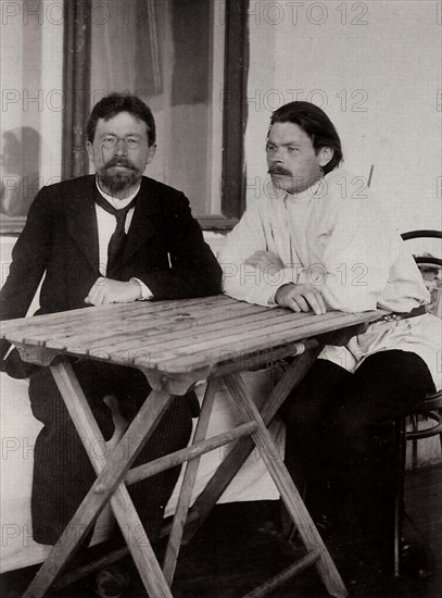 Anton Chekhov and Maxim Gorky, Russian authors, 1900.  Artist: Leonid Sredin