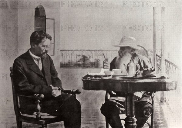 Leo Tolstoy and Anton Chekhov, Russian authors, 1902. Artist: Sophia Tolstaya