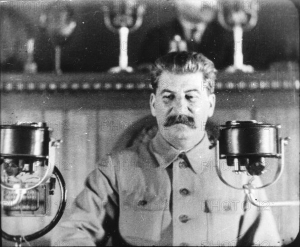 Soviet leader Josef Stalin giving a speech at the Congress of the Communist Party, 1930s. Artist: Unknown