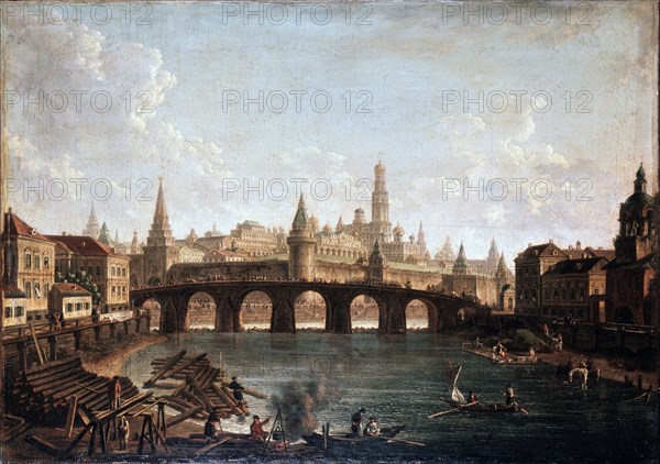 'View from the Moscow Kremlin and the Bolshoy Kamenny Bridge (Greater Stone Bridge)', 1810s. Artist: Fyodor Yakovlevich Alexeev