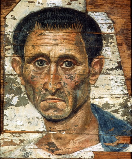 Portrait of a middle-aged man in a blue cloak, Romano-Egyptian mummy portrait, late 1st century. Artist: Unknown